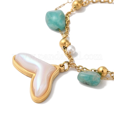 Летние многониточные браслеты Beach Nuggets из натурального амазонита и искусственного жемчуга BJEW-P326-06A-G-1