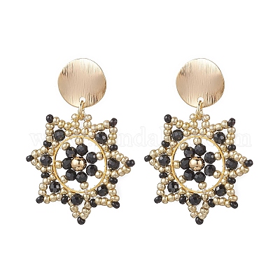 Серьги-гвоздики с цветком из стеклянных бусин ручной работы EJEW-MZ00570-01-1