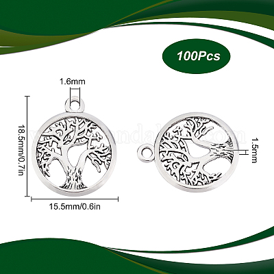 SUNNYCLUE 1 Box 100 Pcs Tree of Life Charms Bulk Tibetan Style Flat Round Spring Plant Trees Charm for Jewellery Making Charms DIY