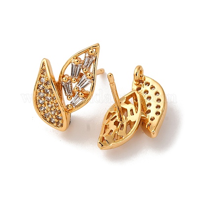 Фурнитура для сережек-гвоздиков из листовой латуни с микропаве из прозрачного кубического циркония KK-K382-32G-1