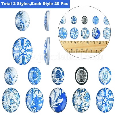 40 шт. 2 стиля цветочных украшений стеклянные овальные плоские кабошоны GGLA-FS0001-10-1