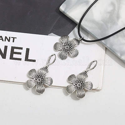 Комплект из ожерелья с подвеской и серег-колец из цветочного сплава с искусственным кожаным шнуром FS-WGDD3CA-01-1