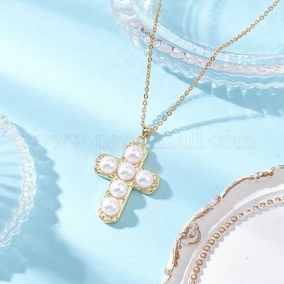 Подвеска-крестик из искусственного жемчуга ABS и латуни NJEW-JN05413-1