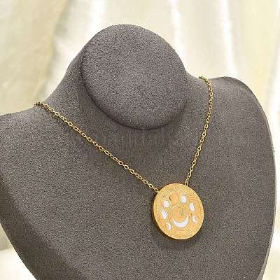 Ожерелья с плоским круглым кулоном из нержавеющей стали 304 с прозрачным кубическим цирконием и фазами Луны NJEW-R018-03G-1