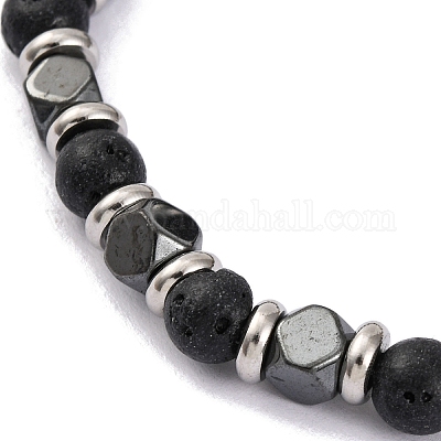 Браслет из круглых бусин из натуральной лавы и магнитного синтетического гематита X-BJEW-P339-02P-08-1