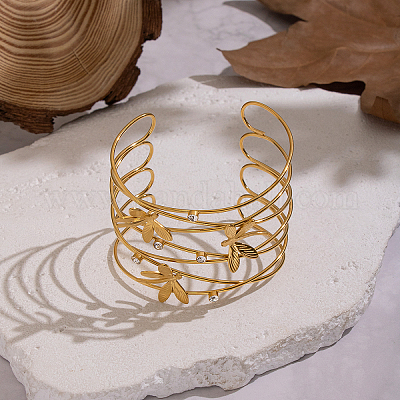 Женские браслеты-манжеты из полой нержавеющей стали 304 с прозрачными кубическими циркониями.&nbsp;WV1291-1