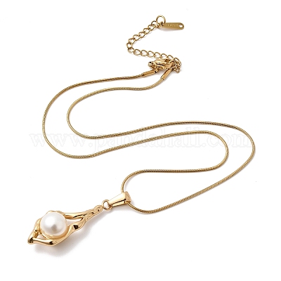 Ожерелья с подвеской в форме ракушки из нержавеющей стали 304 с акриловым жемчугом NJEW-G184-01G-1