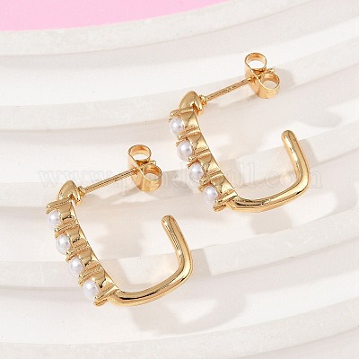 Прямоугольные серьги-гвоздики из пластика с имитацией жемчуга из нержавеющей стали 304 EJEW-M105-09G-1