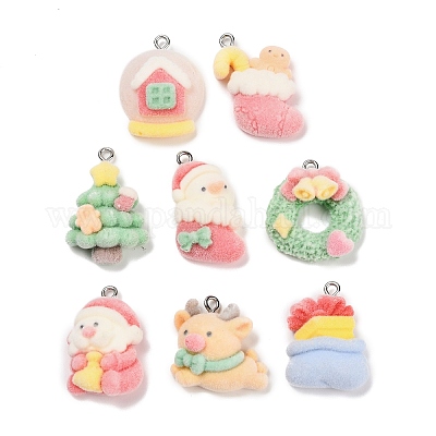 Рождественские подвески из непрозрачной смолы с эффектом флокирования RESI-H040-04B-P-1