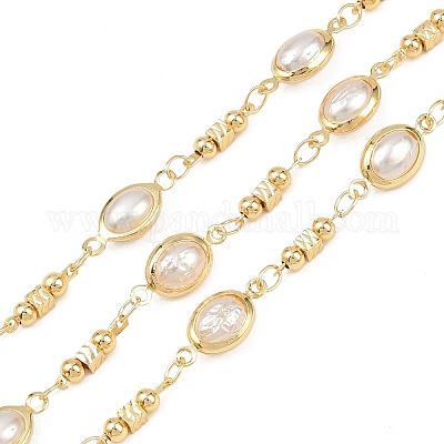 Латунные цепочки с имитацией жемчуга из АБС-пластика с овальными звеньями CHC-B025-07G-1