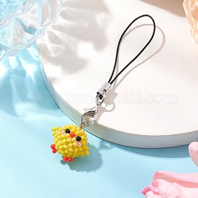 ひよこガラスシードビーズチャーム携帯ストラップ ナイロンコード