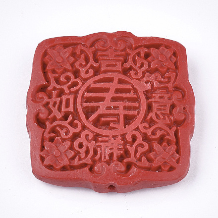 シナバービーズ  彫刻が施された漆器  中国語の文字のある正方形  レッド  42.5x43x9mm  穴：1.6mm CARL-T001-05-1