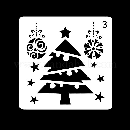 クリスマス テーマ プラスチック ドローイング ペインティング ステンシル テンプレート  正方形  ホワイト  クリスマスツリー模様  13x13cm SCRA-PW0007-81C-1