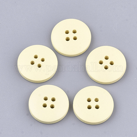 塗りの木製のボタン  4穴  フラットラウンド  淡黄色  20x4mm  穴：2mm WOOD-Q040-001H-1