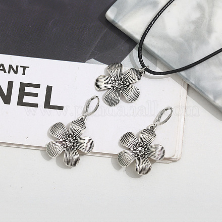 Комплект из ожерелья с подвеской и серег-колец из цветочного сплава с искусственным кожаным шнуром FS-WGDD3CA-01-1