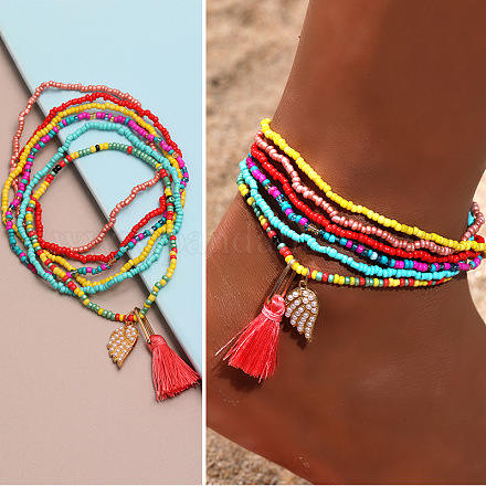 Комплекты многослойных браслетов на лодыжку из богемской смолы и стеклянных бусин WG187EB-02-1