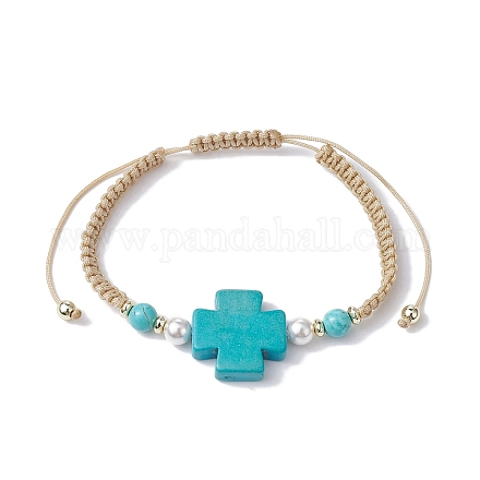 Bracciale con perline intrecciate con croce di turchese sintetico e perle finte BJEW-JB09743-1