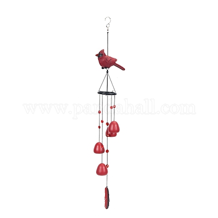 Resin Birds & Metal Bell & Wooden Feather Hanging Wind Chime Decor BIRD-PW0001-039A-1