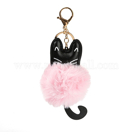 かわいい猫 PU レザー & イミテーション レックス ラビット ファー ボール キーチェーン  合金クラスプ付  バッグの車のキーの装飾用  ピンク  18cm KEYC-C005-01A-1