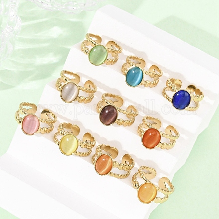 Кольца-манжеты «кошачий глаз» из нержавеющей стали 304 со стеклянными вставками для женщин&nbsp;RJEW-K309-40A-1