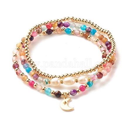 3 set di bracciali elastici con perline in agata naturale e perle BJEW-JB08089-01-1