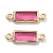 Brass Pave Glass Connector Charms, Real 18K Gold Plated, Rectangle Links, Cadmium Free & Nickel Free & Lead Free, Hot Pink, 12x3.5x1.5mm, Hole: 0.8mm