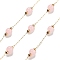 Handmade Round Dyed Natural Malaysia Jade Beaded Chains, with Ion Plating(IP) 304 Stainless Steel Paperclip Chains, Unwelded, Real 18K Gold Plated, Misty Rose, 2.2x1x0.5mm