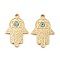 304 Stainless Steel Pendants, with Glass Rhinestone, Real 14K Gold Plated, Hamsa Hand with Star of David Charms, Aquamarine, 28.5x19x3mm, Hole: 2.2mm