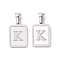 304 Stainless Steel Pave Shell Pendants, Rectangle Charm, Stainless Steel Color, Letter K, 17.5x12x1.5mm, Hole: 3x5mm