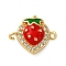Brass Micro Pave Clear Cubic Zirconia Fruit Connector Charms, Green and Red Enamel Strawberry Links, Rack Plating, Long-Lasting Plated, Cadmium Free & Lead Free, Real 18K Gold Plated, 12x15x3mm, Hole: 1.2mm and 1.5mm