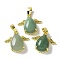 Natural Green Aventurine Pendants, Teardrop Charms with Golden Tone Brass Wings, Rack Plating, Cadmium Free & Lead Free, 22.5x24.5x9mm, Hole: 7.5x4.5mm