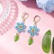 304 Stainless Steel Flower with Leaf Leverback Earrings, with Glass Seed Beads & Nylon Wire & Acrylic Charms, Golden, Light Sky Blue, 56x18mm