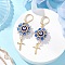 Evil Eye with Cross 304 Stainless Steel Glass Seed Beads Leverback Earrings, with Fishing Thread Nylon Wire & Handmade Lampwork Beads, Golden, Blue, 56x19mm