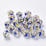 Perles européennes vernissées manuelles, Perles avec un grand trou   , avec couleur argent plaqué doubles noyaux de cuivre, lampwork de fleur intérieure, rondelle, bleu, 14x11mm, Trou: 5mm