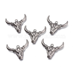 Colgantes de acero inoxidable 304, cabeza de buey, plata antigua, 24x25x4mm, agujero: 1.6 mm
