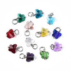 Colgantes de vidrio transparente facetado, con anillo de salto de hierro, mariposa, color mezclado, 13~14x9.8x6mm, agujero: 4 mm