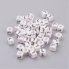 Cuentas de letras de acrílico de agujero horizontal, cubo, blanco, letra l, tamaño: aproximamente 6 mm de ancho, 6 mm de largo, 6 mm de altura, agujero: aproximamente 3.2 mm, aproximamente 2600 unidades / 500 g