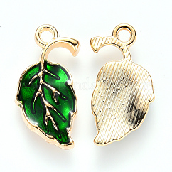 Colgantes de esmalte de aleación, hoja, la luz de oro, verde, 20x10x2mm, agujero: 1.6 mm
