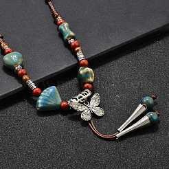 Этнический стиль сплав и фарфор керамические бусины бабочка кулон кисточка и ожерелья&nbsp;LS-NJEW-D308-01B