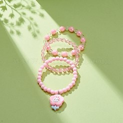 3 個 3 スタイル アクリル ビーズ ストレッチ ブレスレット セット 樹脂 ウサギ チャーム付き 子供用  ピンク  内径：1-3/4インチ（4.6cm）  1個/スタイル&nbsp;BJEW-JB08729