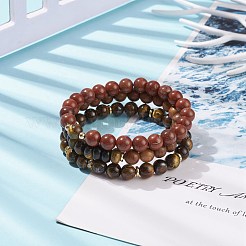 3 pièces 3 styles de jaspe rouge naturel & oeil de tigre & ensembles de bracelets extensibles en bois&nbsp;BJEW-JB08357