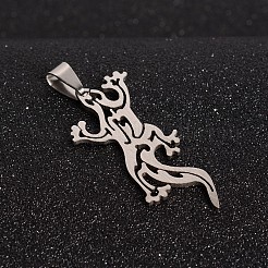 変色しにくい201ステンレススチールペンダント  ゲッコのシルエットのペンダント  ステンレス鋼色  44.5x22x1.5mm  穴：4x9mm&nbsp;STAS-I032-168