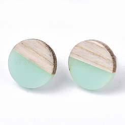 樹脂と木のスタッドピアス  304ステンレスピン付き  フラットラウンド  アクアマリン  15mm  ピン：0.7mm&nbsp;EJEW-N017-003A-C02