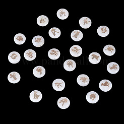 24個12スタイルの天然淡水シェルビーズ  金メッキ真鍮エッチング金属装飾付き  十二星座とフラットラウンド  貝殻色  星座  11~12x4~6mm  穴：0.5~0.9mm  2個/スタイル&nbsp;SHEL-TA0001-42
