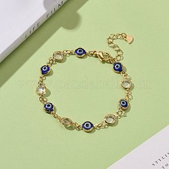 真鍮製コネクターブレスレット  ガラス、キュービックジルコニア、304ステンレススチールのロブスタークロウ留め金付き  ナザールボンジュウ  ブルー  ゴールドカラー  7-1/8インチ（18cm）&nbsp;BJEW-JB06178