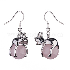Серьги с подвесками в виде лягушки из натурального розового кварца EJEW-A092-13P-06
