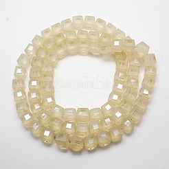 つや消しクリスタルガラスキューブビーズ  多面カット  湯通しアーモンド  11x11x11mm  穴：1mm&nbsp;X-FGLA-F001-A01