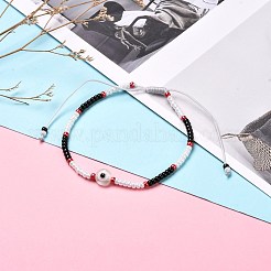 調節可能な丸いガラスシードビーズブレスレット  樹脂ビーズで  ナザールボンジュウ付きフラットラウンド  ミックスカラー  内径：2-1/8インチ（5.5~9.5cm）  2個/セット&nbsp;BJEW-JB06644