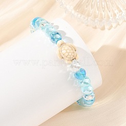 Braccialetti elasticizzati da donna con perline rotonde sfaccettate in vetro galvanizzato turchese sintetico tinto oceano tartaruga marina.&nbsp;BJEW-JB14386-02