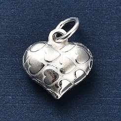 スターリングシルバー925Dテクスチャハートチャーム3個  シルバーカラー  丸カン付き  ハート  13.5x10x4.5mm  穴：3mm&nbsp;STER-U009-10S-02